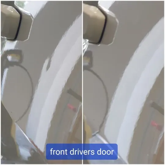 Front driver's door seen in reflections: on the left the dent distorts the reflection, on the right the panel reflects cleanly after repair